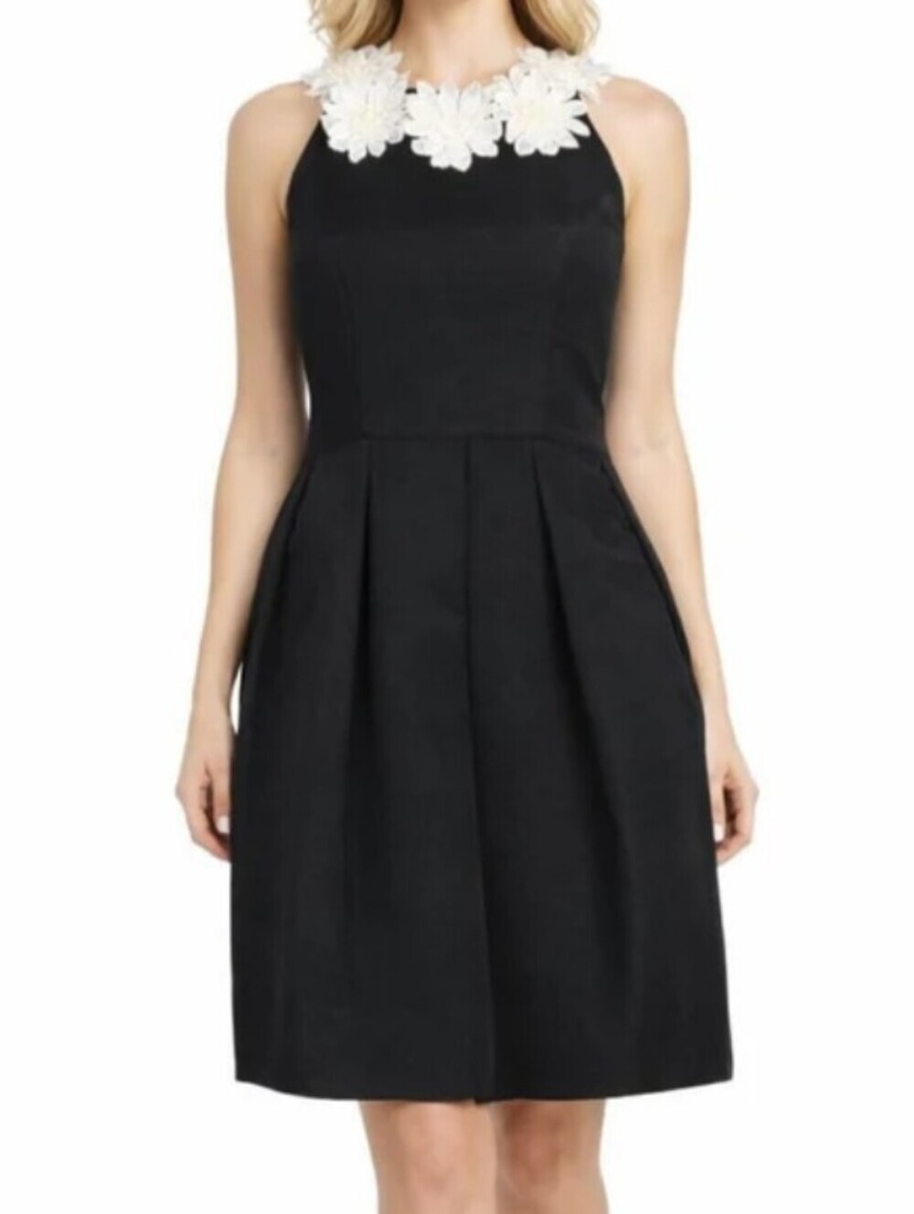 Neiman Marcus Sleevles Flower Applique Pleated Ottoman Cocktail Mini Dress 4